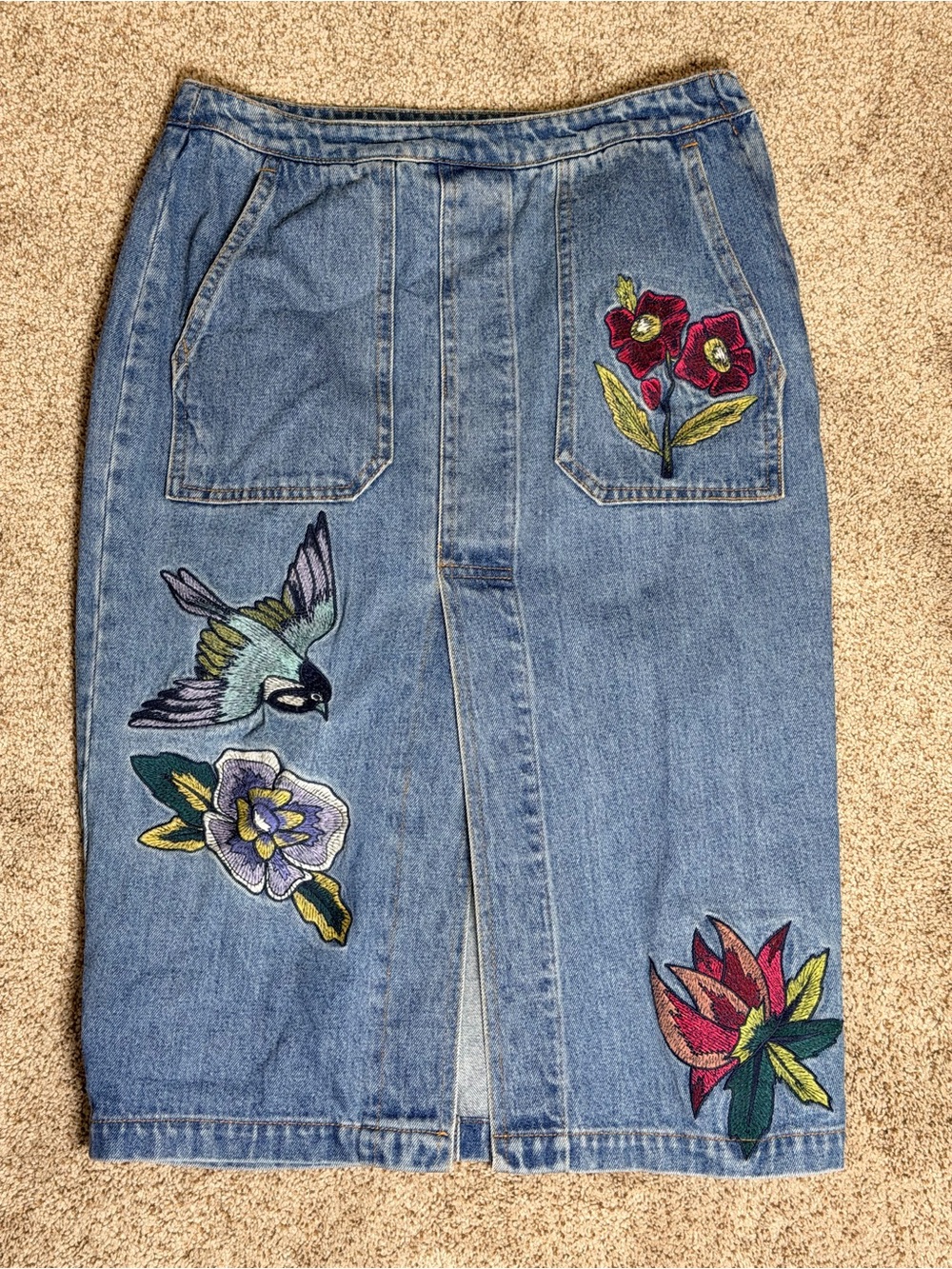 Honey Punch Embroidered Denim Midi Skirt Floral Bird Slit Boho